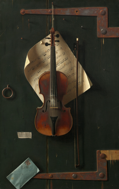 The Old Violin, a painting by William Michael Harnett, showing a violin hanging on a wooden door