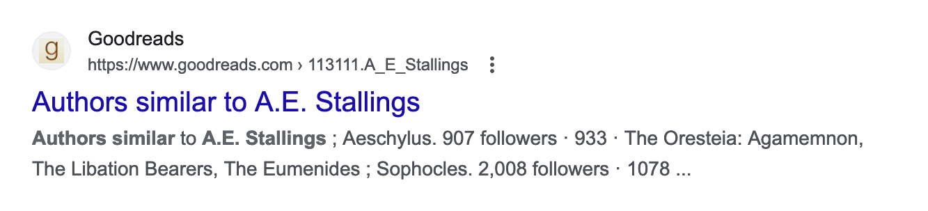 a screen shot showing Google's snippet from Goodreads comparing Stallings to Aeschylus and Sophocles