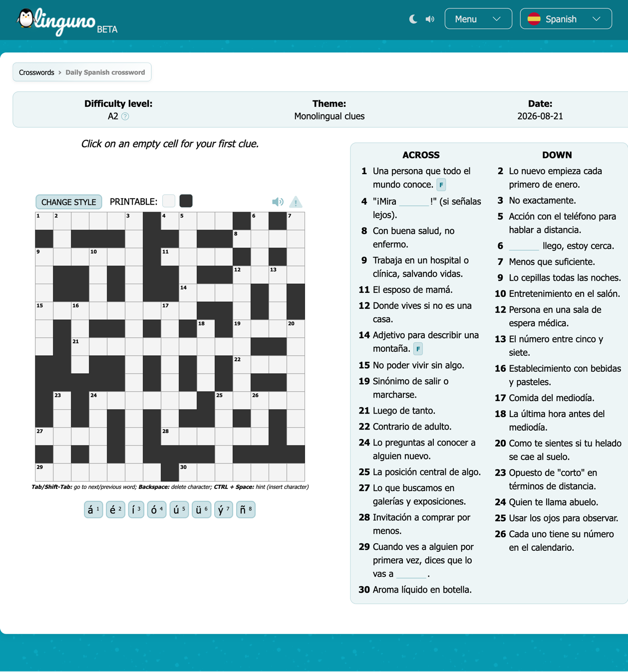A Spanish crossword puzzle from Linguno