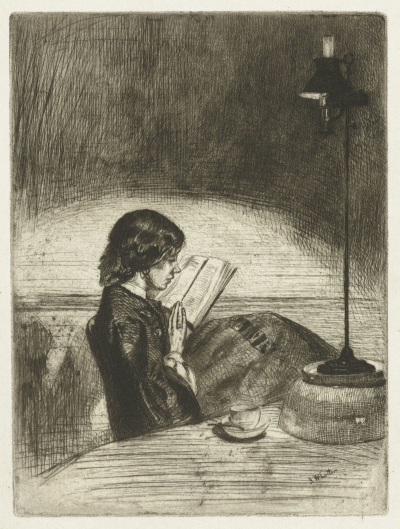 A young woman reading a book by the light of a lamp