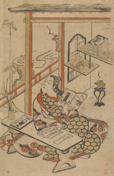 Woman at a Writing Table, a print by Japanese artist Torii Kiyomasu
