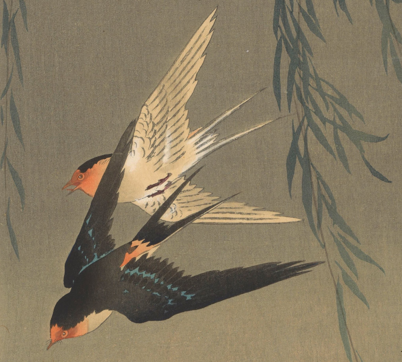 two birds from a Japanese print of swallows mid-dive