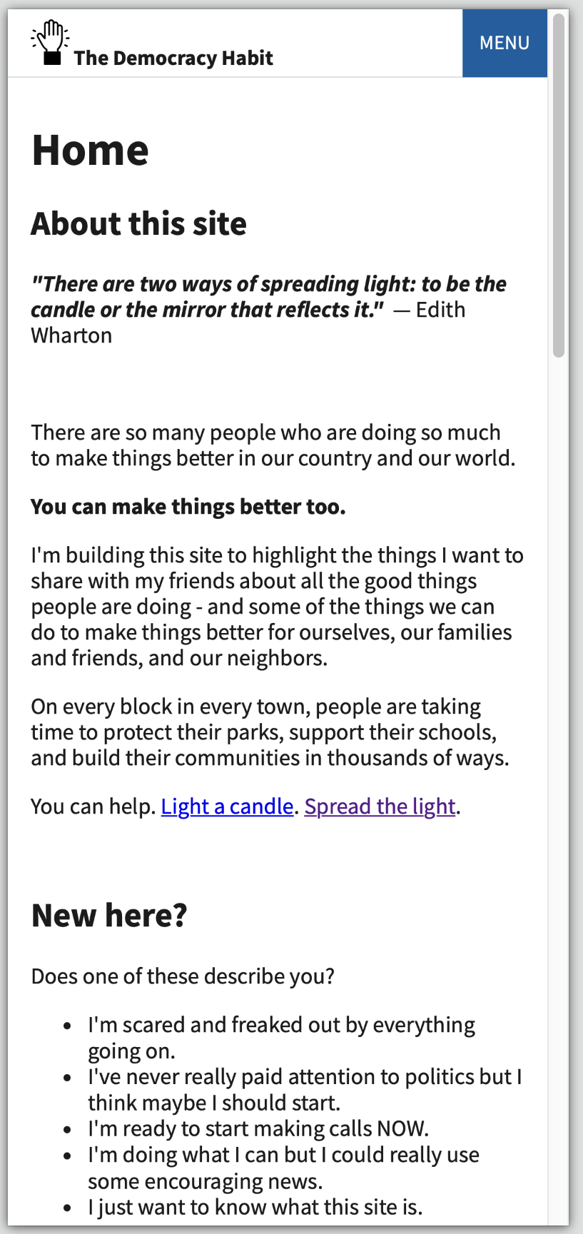 The Democracy Habit website on a mobile phone